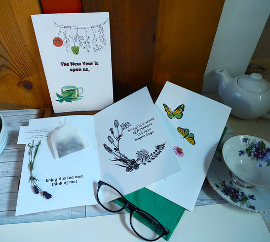 Tea-themed New Year's greeting cards, set of three, teabag included