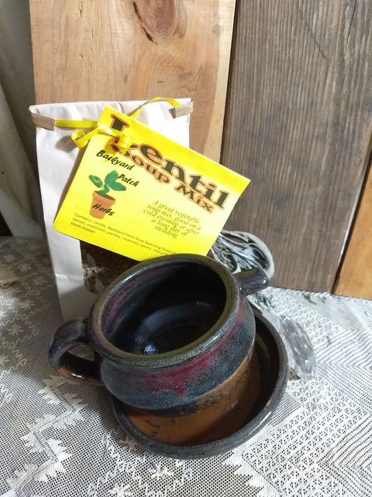 Handmade Tenmoku Pottery Bowl with Lentil Soup Mix | Gourmet dry soup mix | organic | Backyard Patch Herbs