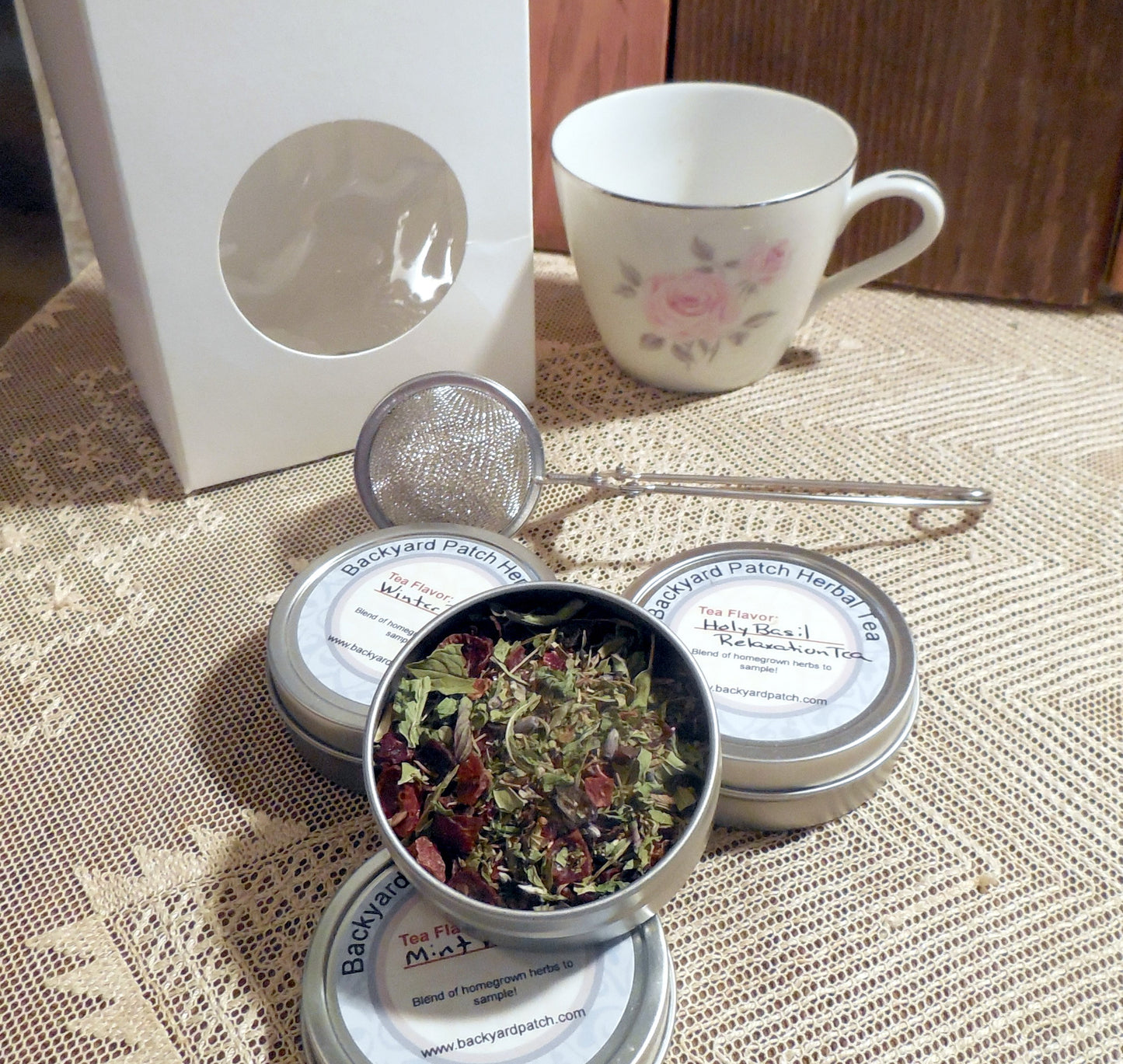 Tea Gift Set, Demi Tea cup with three tea tins, no saucer, herb teas, infuser, decorative ceramic tea cup