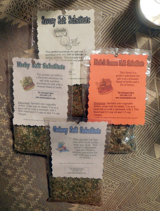 Salt Substitute refill bag, herb cooking seasoning, features garlic, onion, dried herbs, salt free