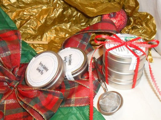 Herb Tea Tower Gift Package, set of three, herbal tea tins, ribbon, gift basket