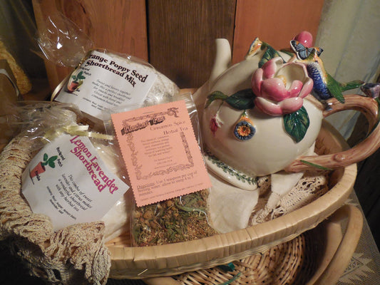 Teapot Gift Basket, Three-dimensional Floral Ceramic Tea Pot, scones, shortbread, herbal tea, infuser, gift set, basket tray