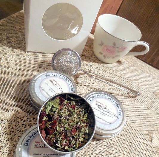 Tea cup with tea tins, Demi tea cup and three mini tins herb tea, herbal tea, rose hip, lavender, tisane, gift basket, gift set, gift box
