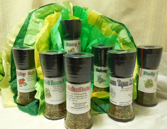 Salt Substitute Grinder Jars, salt-free blends created with garlic, onion, basil, rosemary