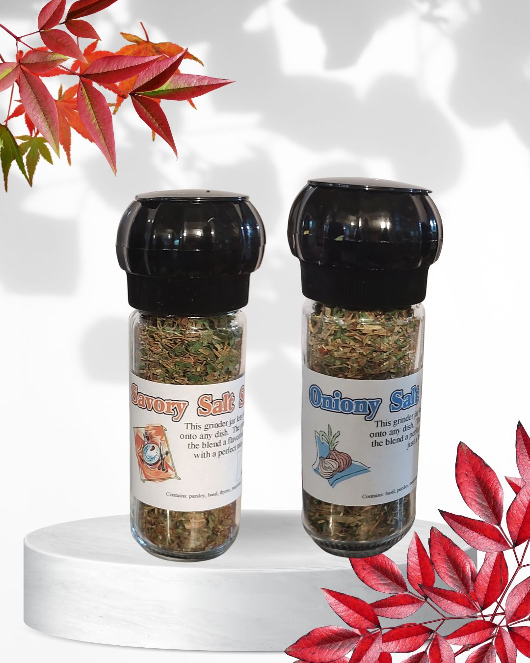 Salt Substitute Grinder Jars, salt-free blends created with garlic, onion, basil, rosemary
