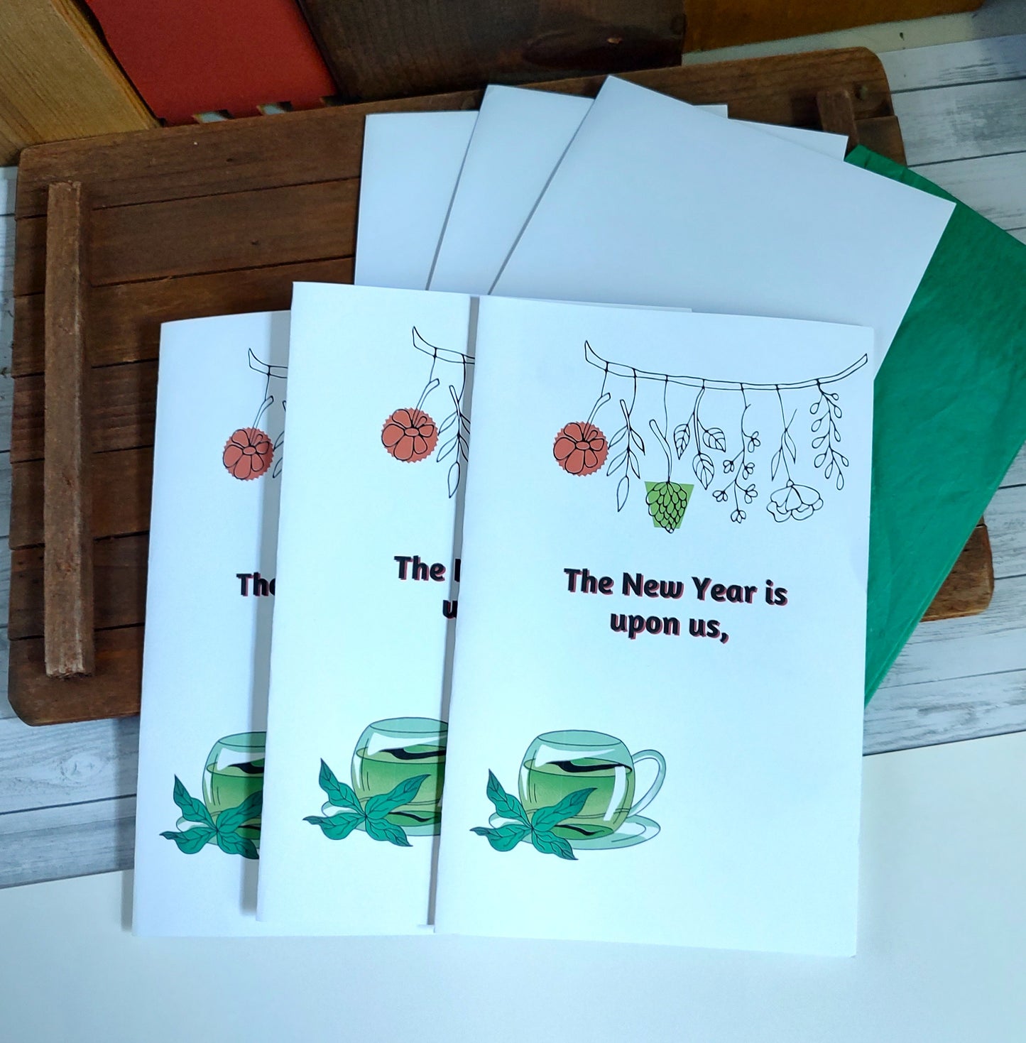 Tea-themed New Year's greeting cards, set of three, teabag included