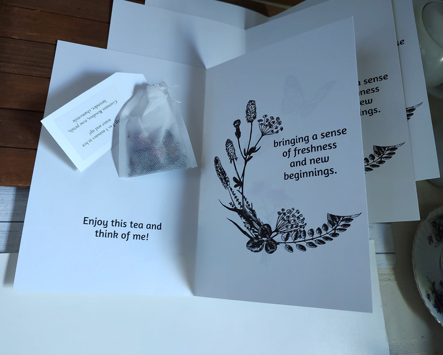 Tea-themed New Year's greeting cards, set of three, teabag included