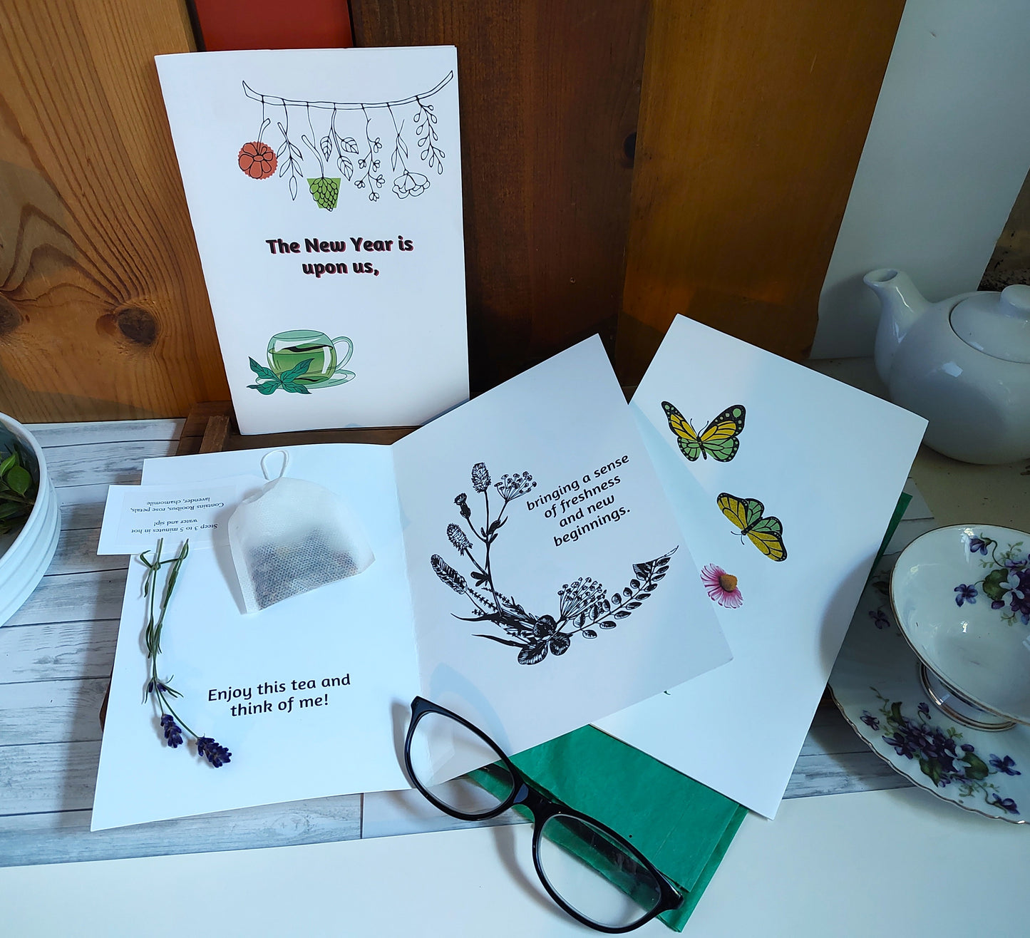 Tea-themed New Year's greeting cards, set of three, teabag included