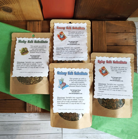 Salt Substitute refill bag, herb cooking seasoning, features garlic, onion, dried herbs, salt free