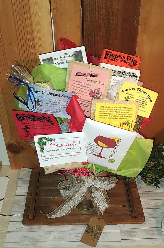 Herb Bouquet Gift Basket, selection of herb mixes, seasonings, teas and seasonal items