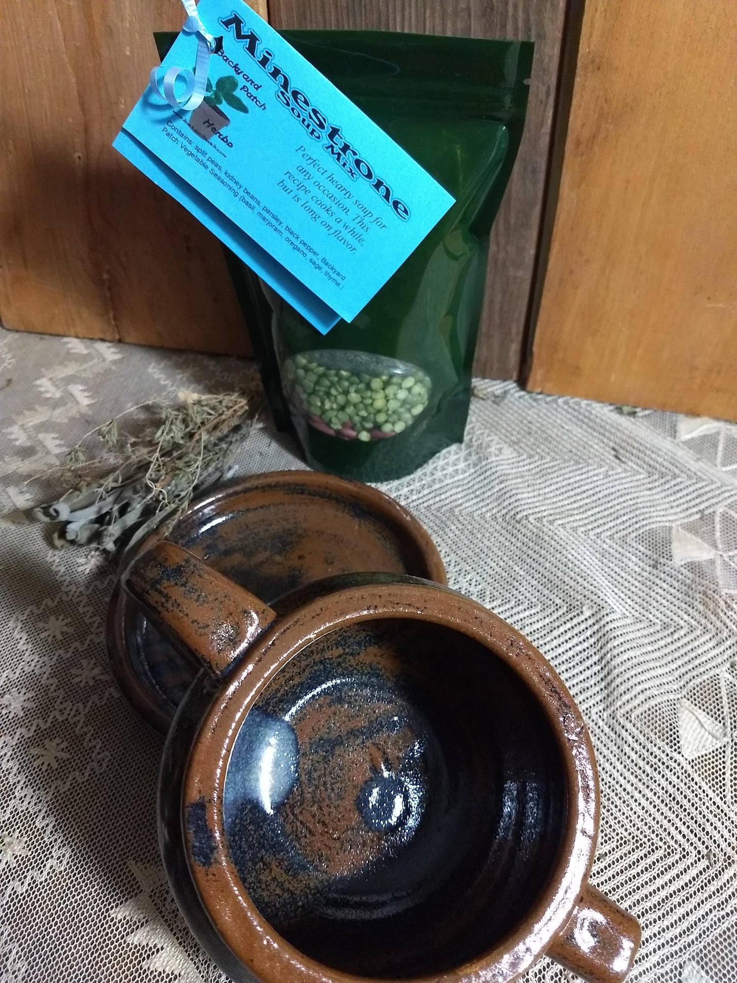 Handmade Pottery Bowl with Minestrone Soup Mix | Gourmet dry soup mix | organic | Backyard Patch Herbs