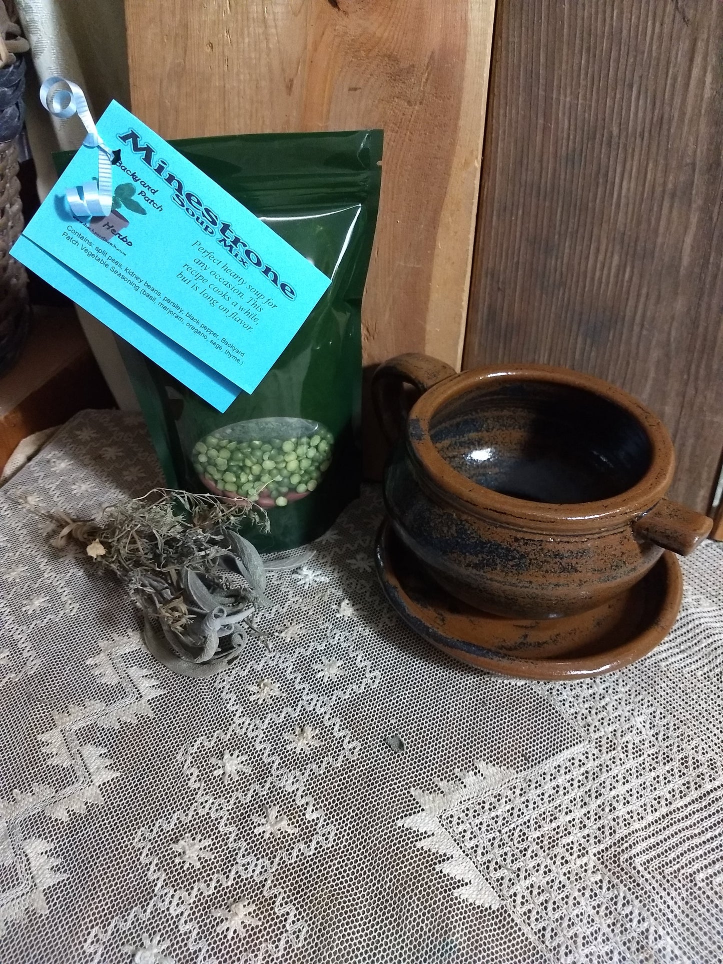 Handmade Pottery Bowl with Minestrone Soup Mix | Gourmet dry soup mix | organic | Backyard Patch Herbs