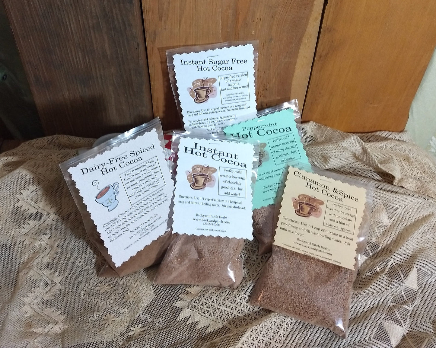 Instant Herbal Hot Chocolate - Cocoa Mixes, choose ONE of 5, cinnamon, nutmeg, allspice, cocoa, milk