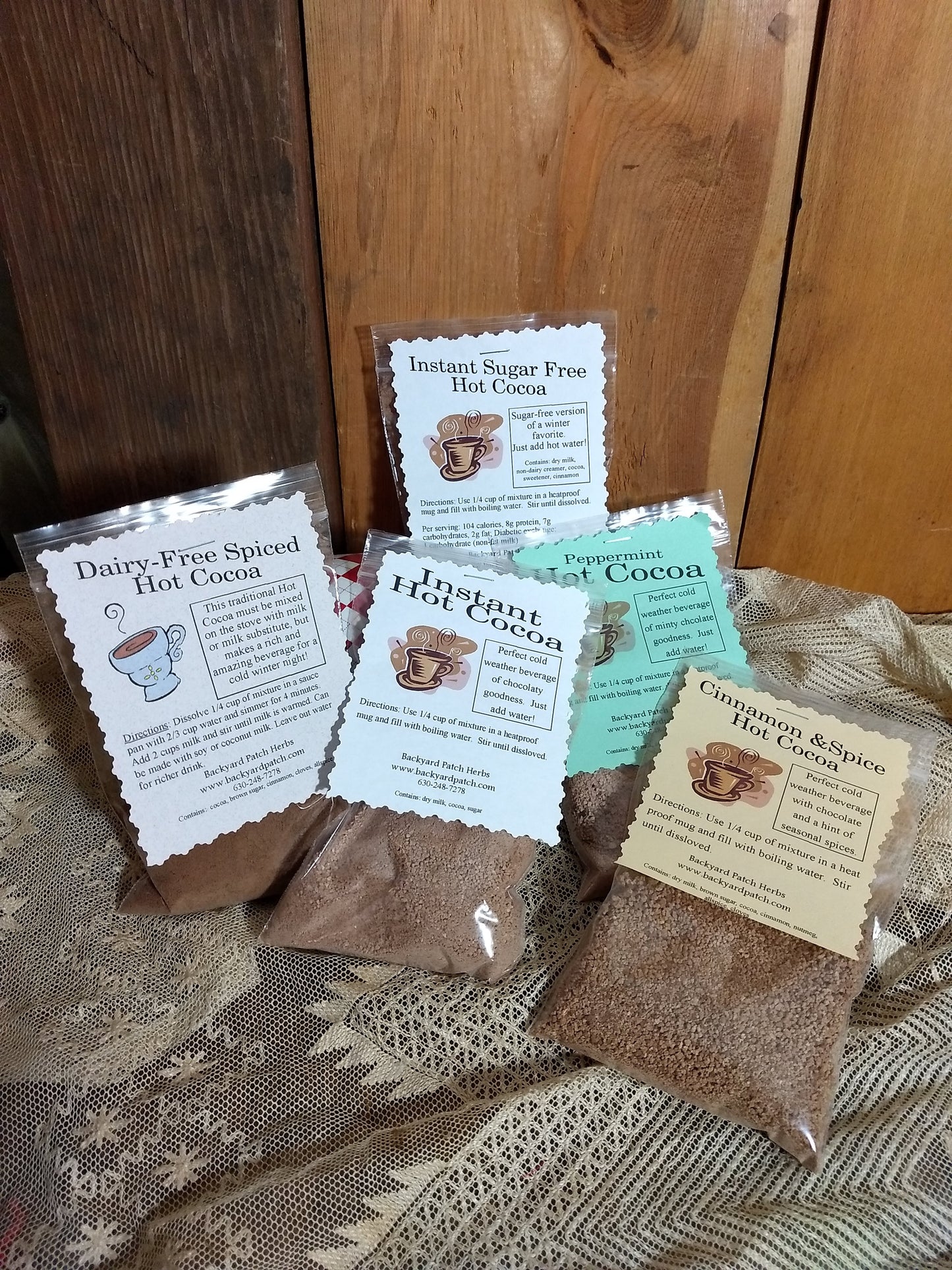 Instant Herbal Hot Chocolate - Cocoa Mixes, choose ONE of 5, cinnamon, nutmeg, allspice, cocoa, milk
