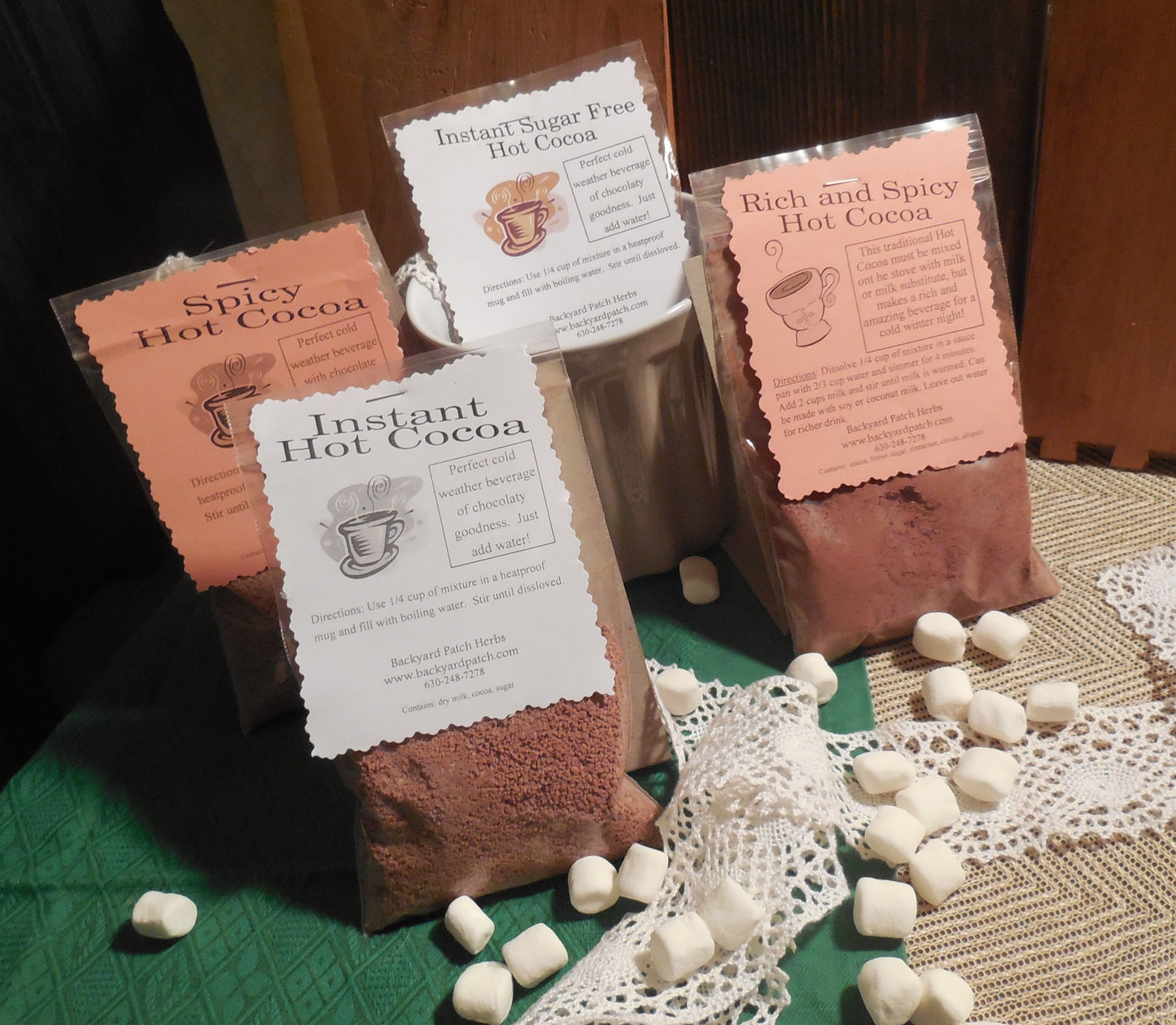 Instant Herbal Hot Chocolate - Cocoa Mixes, choose ONE of 5, cinnamon, nutmeg, allspice, cocoa, milk