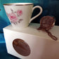 Tea cup with tea tins, Demi tea cup and three mini tins herb tea, herbal tea, rose hip, lavender, tisane, gift basket, gift set, gift box