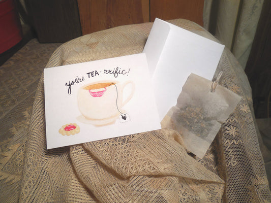 Greeting Card, Tea Theme Blank Card with tea bag, you are tea-riffic