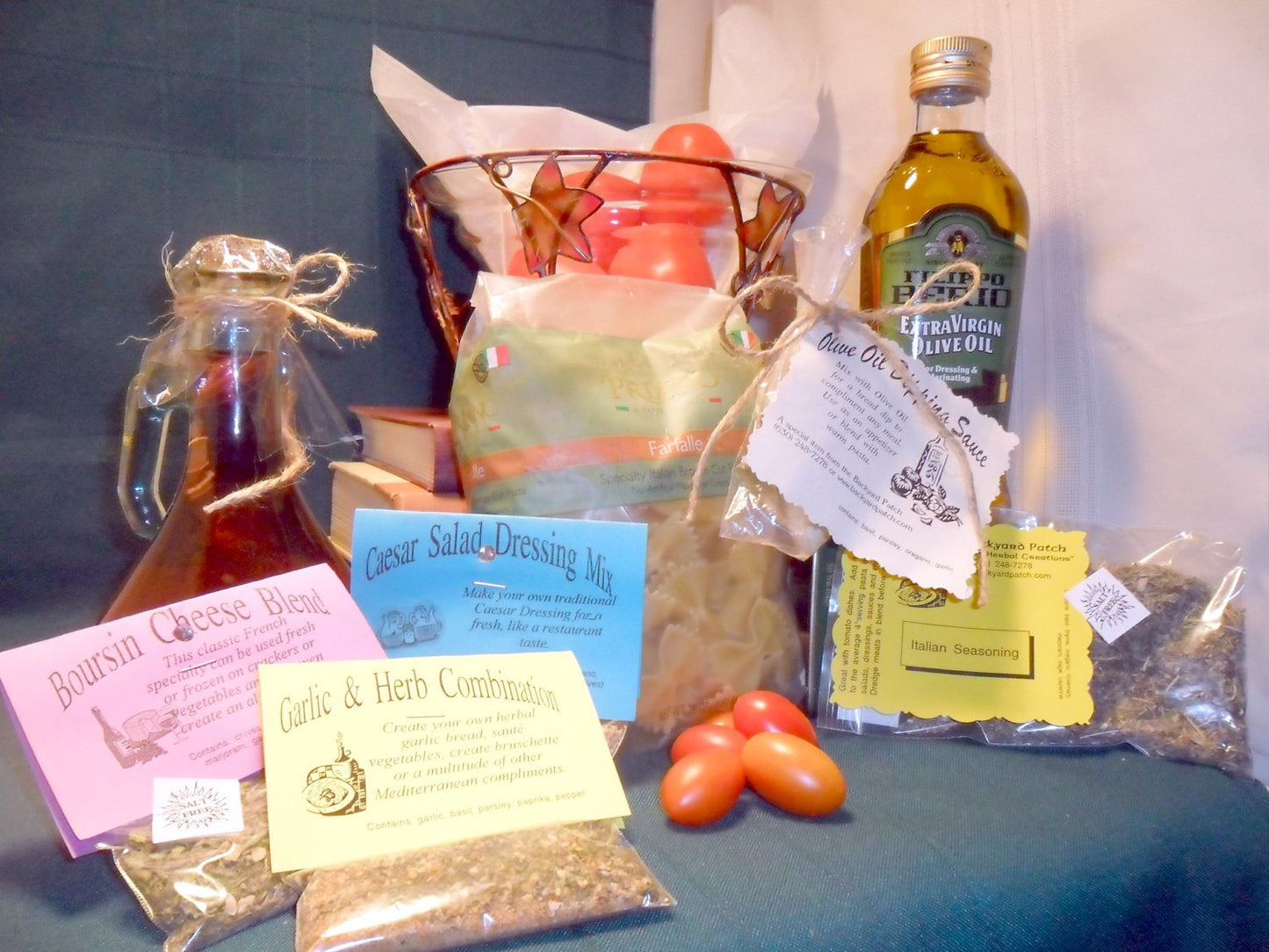 Pasta Dinner in a Basket, seasonings, recipes and ingredients