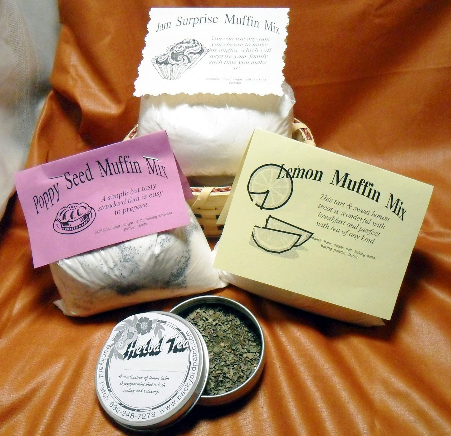 Dry Muffin Mixes, buyer's choice, many flavors, herb-infused, makes 12 muffins. Pumpkin Spice, Lemon, Poppy Seed