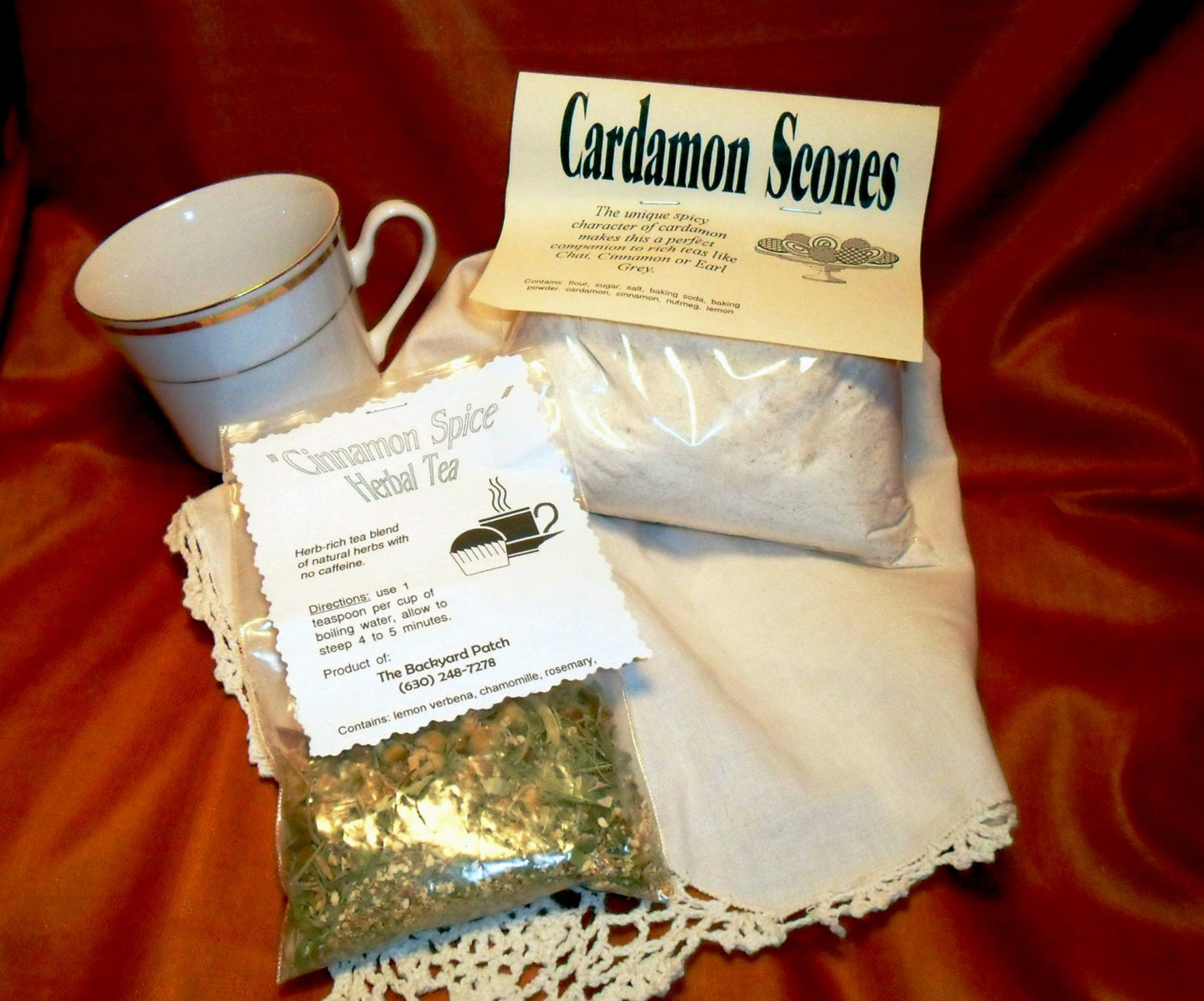 Scone and Tea Gift Package, Cardamom Scones and Cinnamon Spice Herb Tea, Caffeine-Free