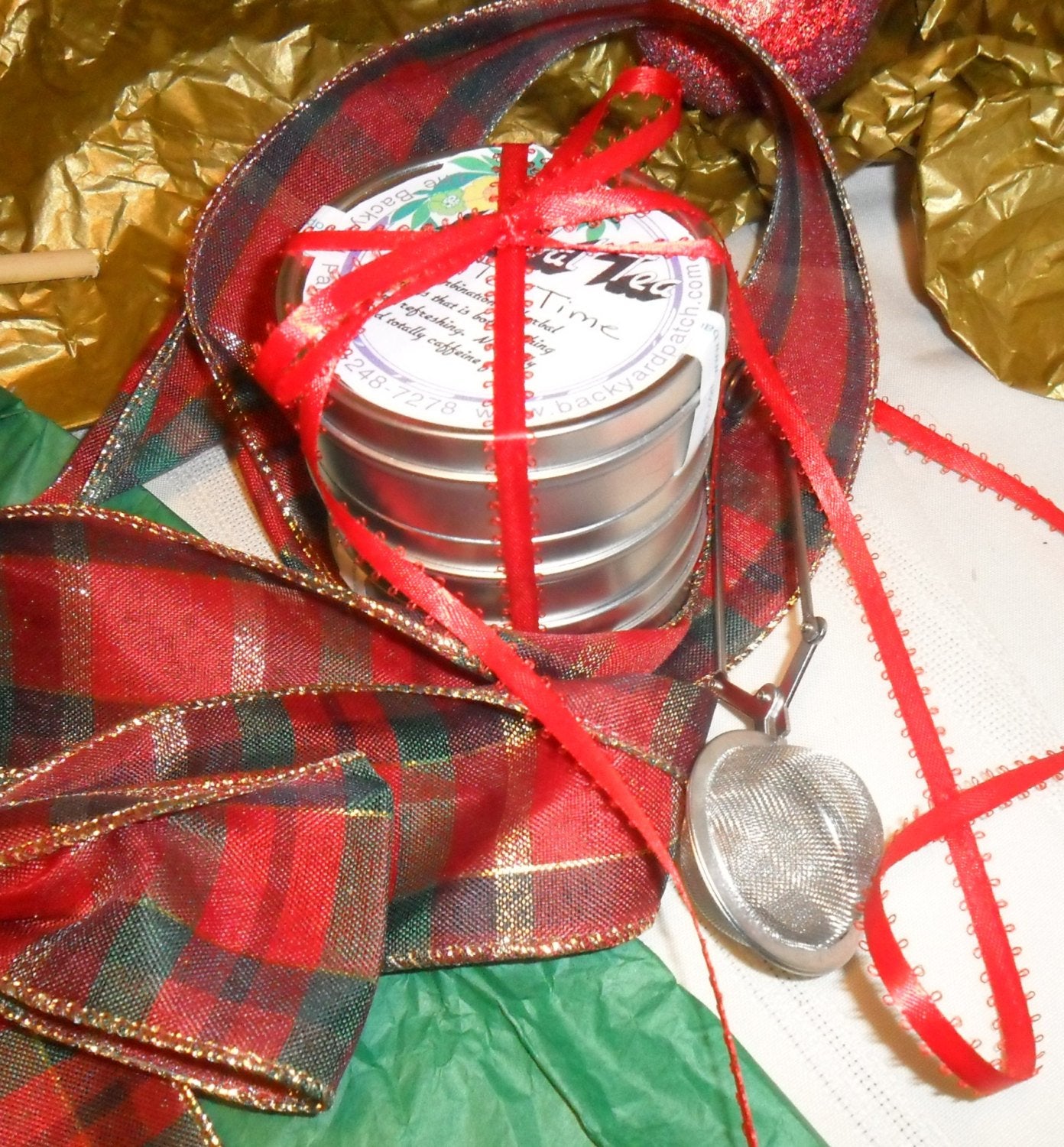 Herb Tea Tower Gift Package, set of three, herbal tea tins, ribbon, gift basket