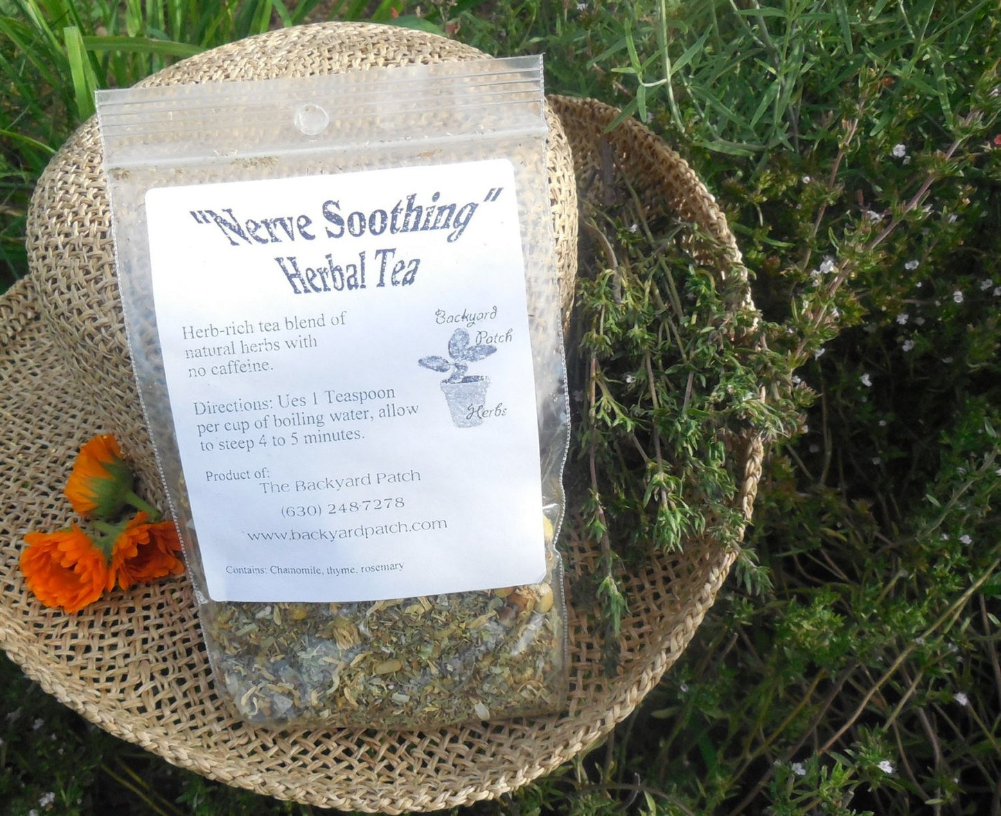 Nerve Soothing Loose Herbal Tea, chamomile, thyme, marjoram, sage, Backyard Patch