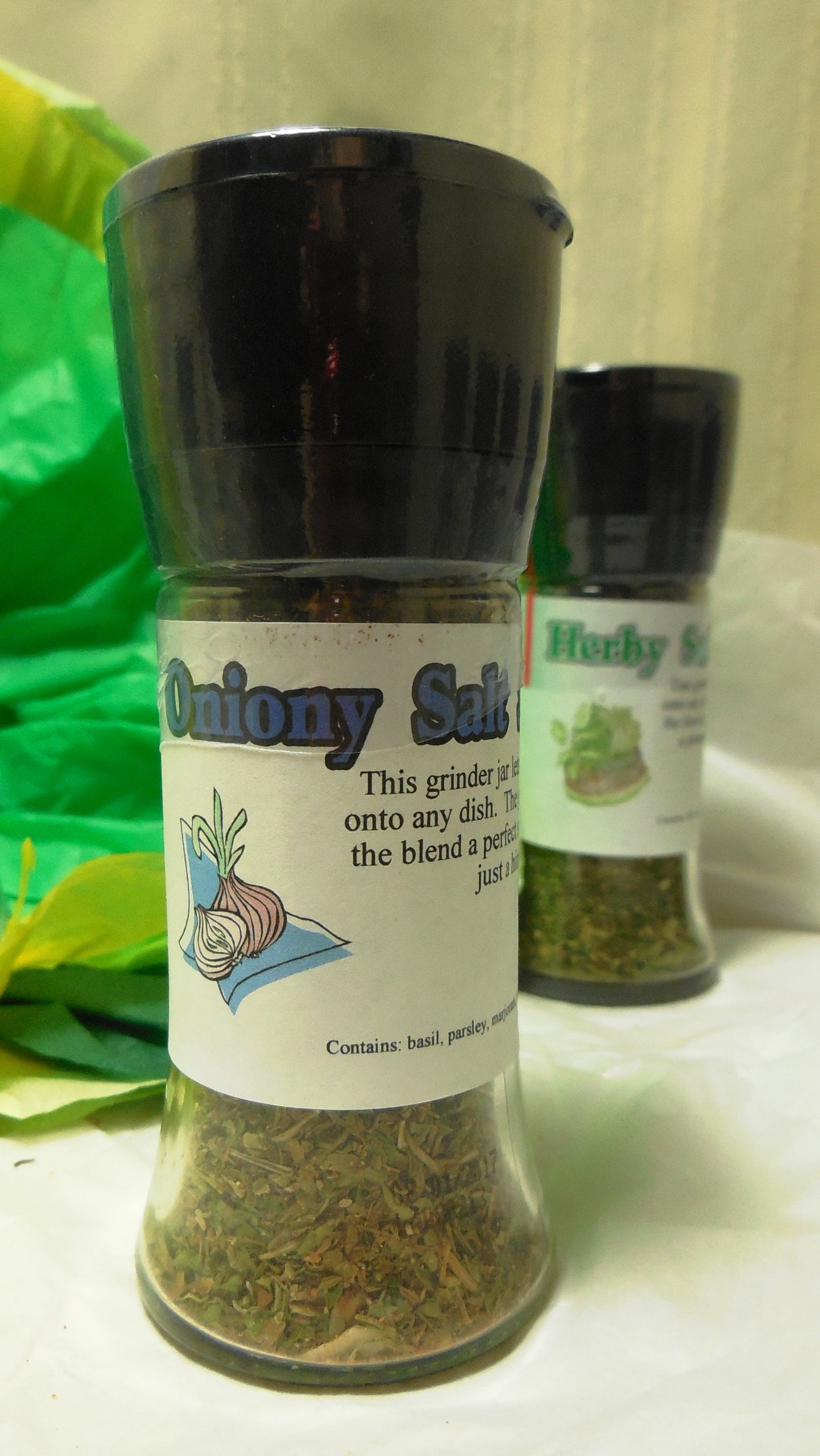 Salt Substitute Grinder Jars, salt-free blends created with garlic, onion, basil, rosemary