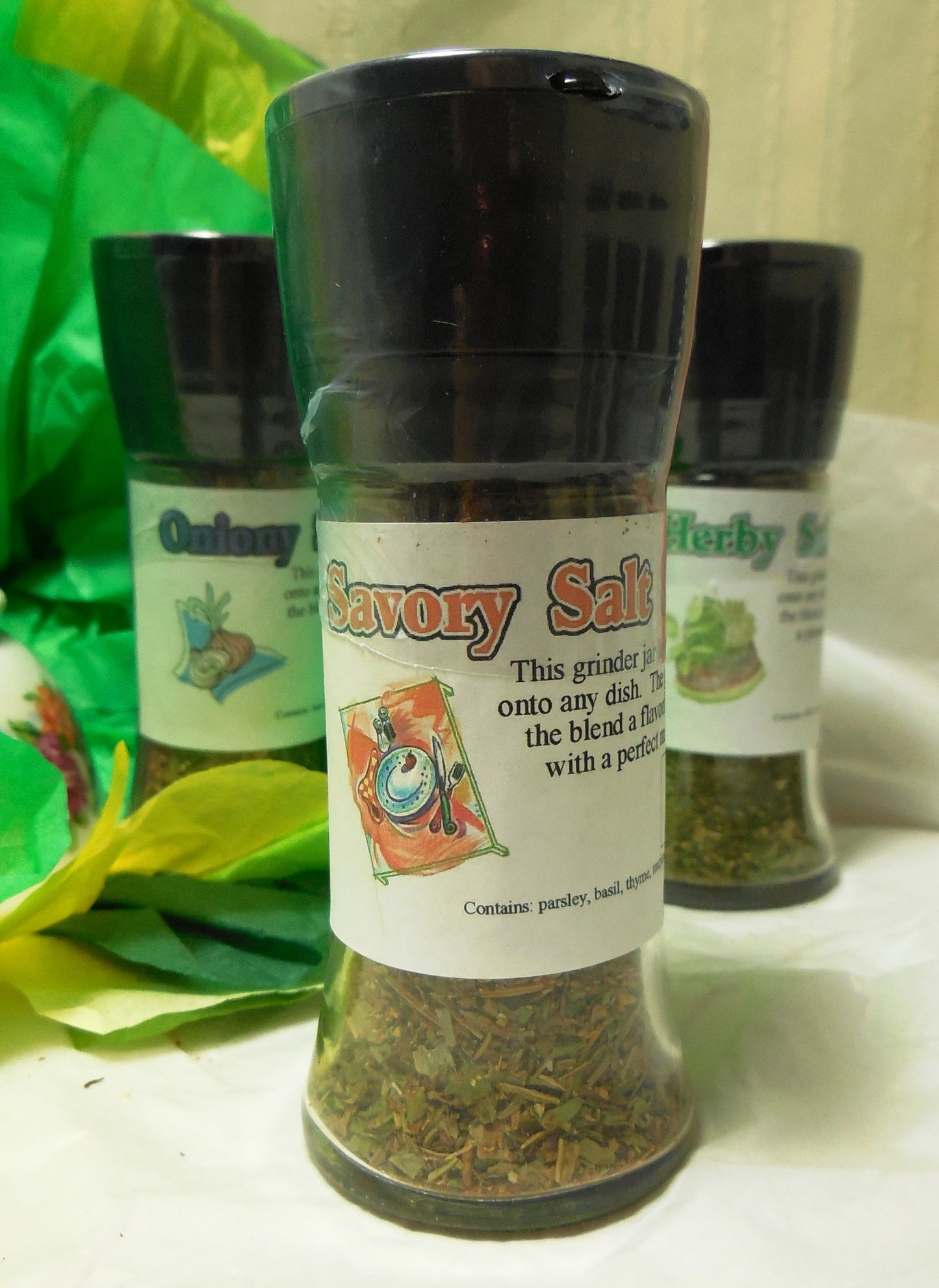 Salt Substitute Grinder Jars, salt-free blends created with garlic, onion, basil, rosemary