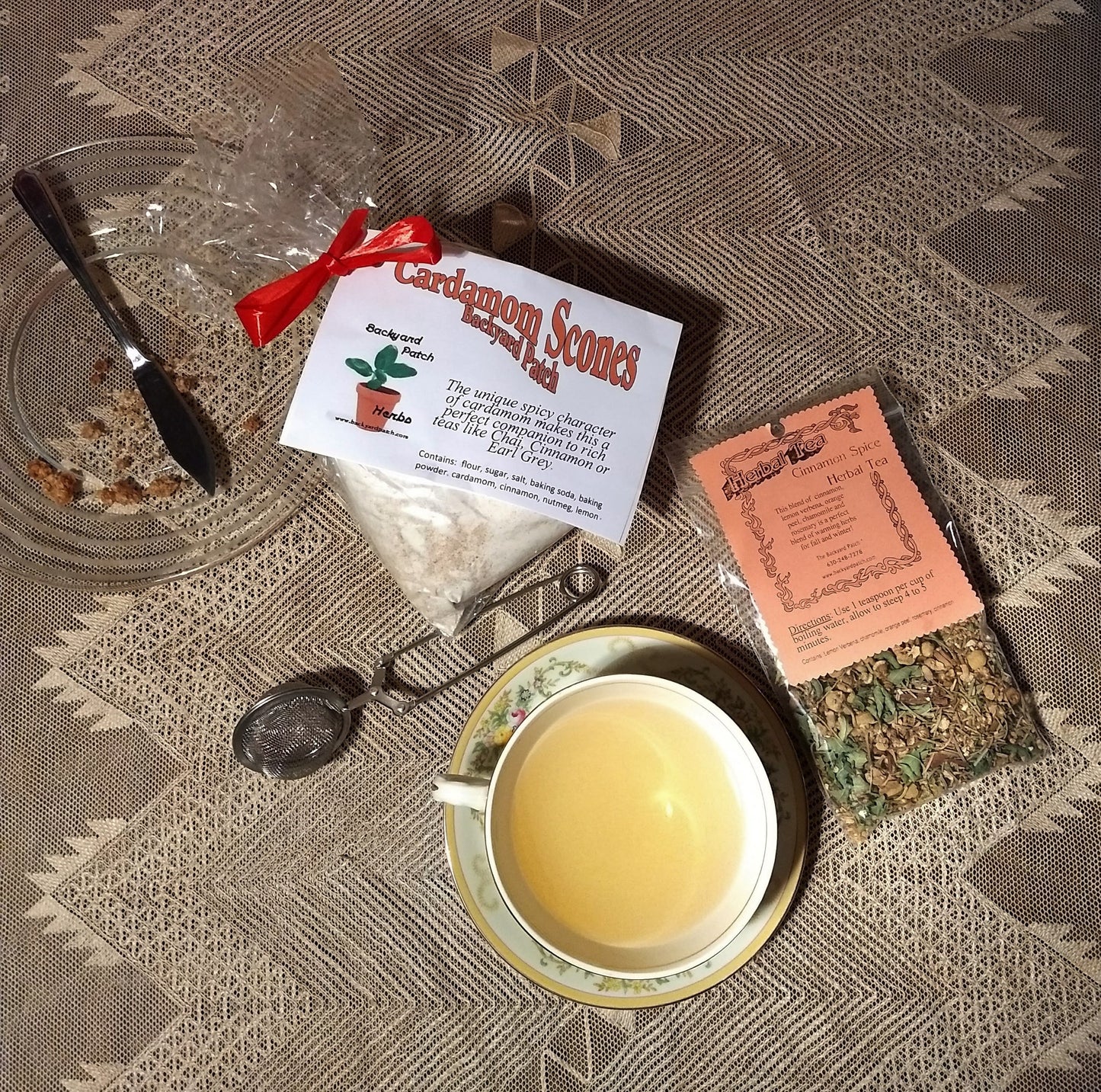 Scone and Tea Gift Package, Cardamom Scones and Cinnamon Spice Herb Tea, Caffeine-Free